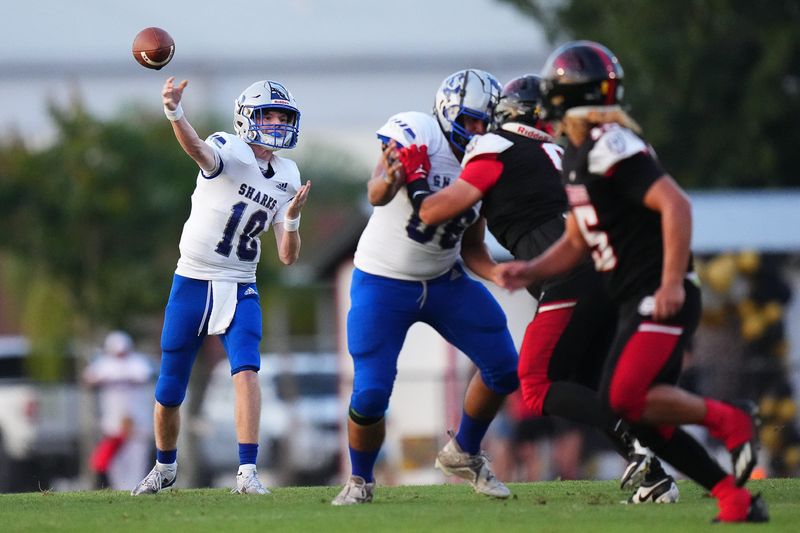 Sebastian River’s offensive lineman Joseph Lomas (66) blocks as quarterback Colton McMann (10) throws a pass against South Fork in a high school football game on Friday, September 20, 2024 at South Fork High School in Martin County.