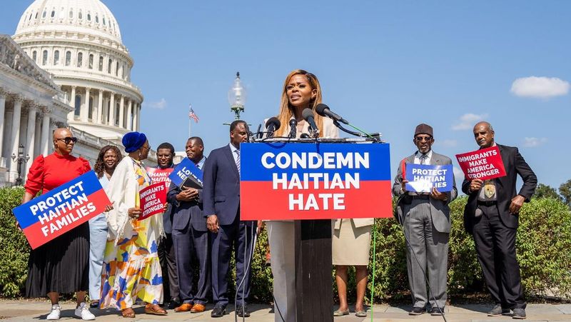 Rep. Sheila Cherfilus-McCormick, D-Florida speaks out at the U.S. Capitol against hate speech and misinformation about Haitian immigrants on Sept. 20, 2024.