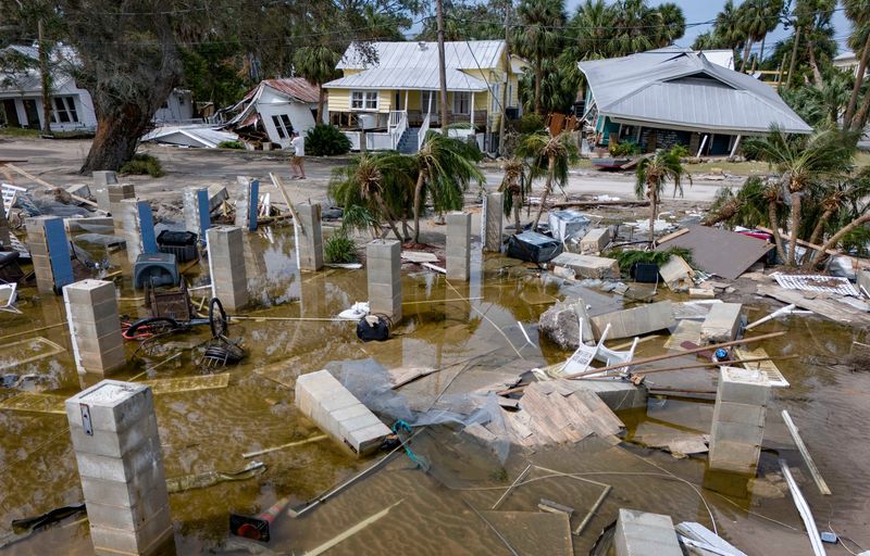 Homes were washed off their foundations from the storm surge leveled by Hurricane Helene on September 28, 2024 in Cedar Key, Florida.