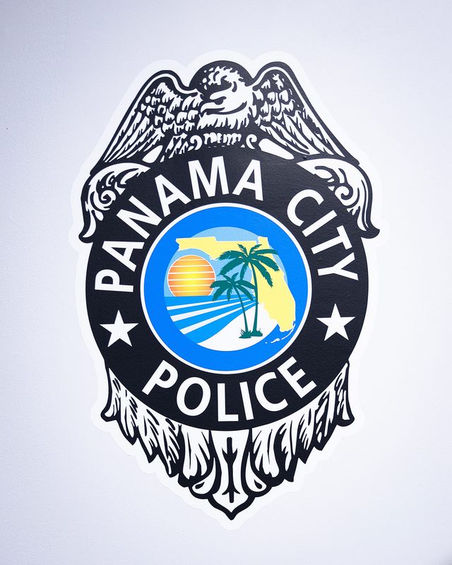 The logo for the Panama City Police Department sign is seen at the police station in Panama City, Fla., Oct. 3, 2024. (Tyler Orsburn/News Herald)