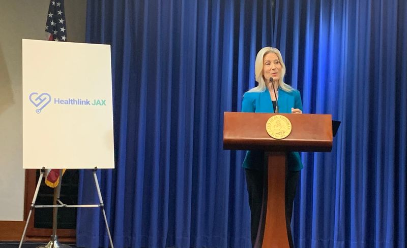 Jacksonville Mayor Donna Deegan announces HealthLink JAX on Monday, Oct. 7, 2024 at Jacksonville City Hall. HealthLink JAX will let uninsured Duval County residents call for free telehealth guidance from doctors so they avoid costly emergency room visits for non-emergency conditions.