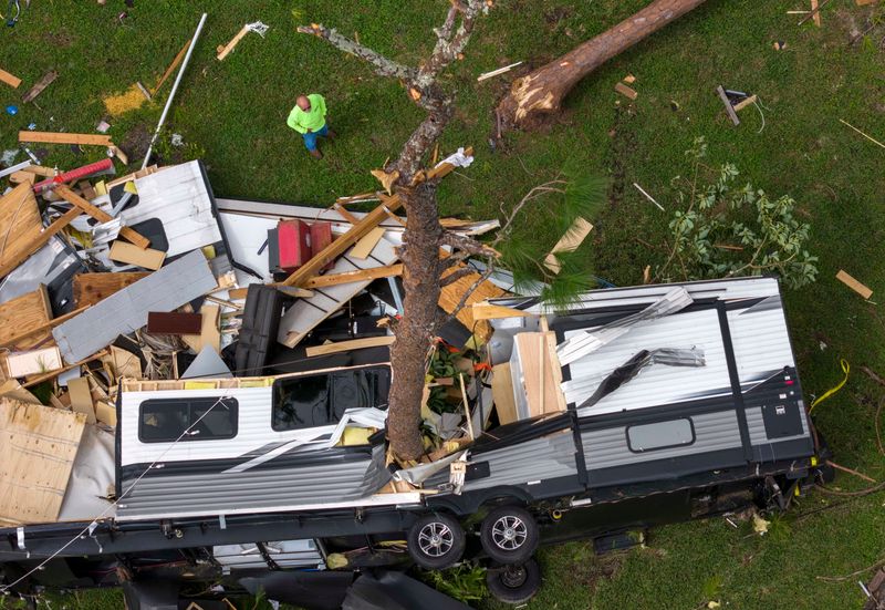 A RV trailer was ripped apart after a tornado struck from Hurricane Milton on October 10, 2024 in the Acreage, Florida.