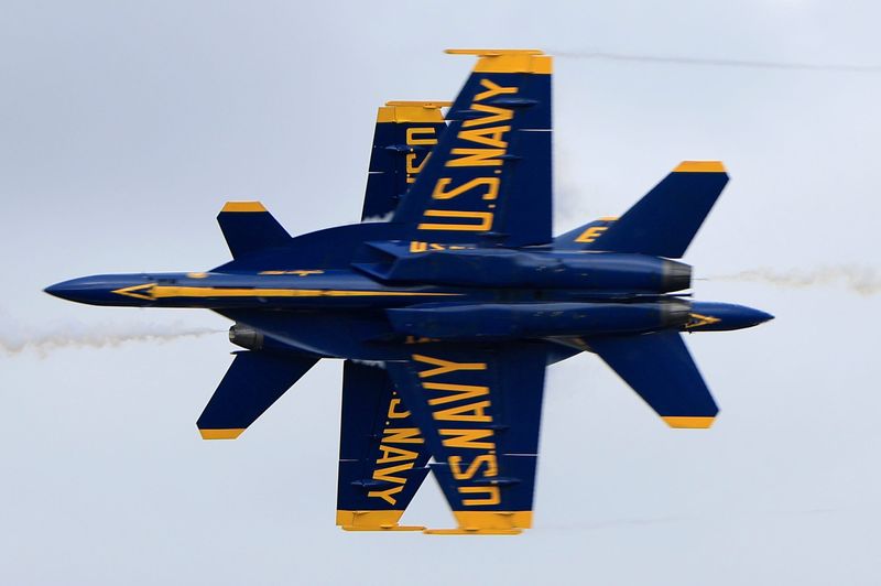 Members of the U.S. Navy Blue Angels fly in formation in their Boeing F/A-18 Super Hornets during the first day of the NAS Jax Airshow at the Naval Air Station Oct. 18, 2024 in Jacksonville, Fla. A few thousand came out to see planes up close, aerialists and flybys. The event runs through the 20th. For more information visit: www.nasjaxairshow.com.