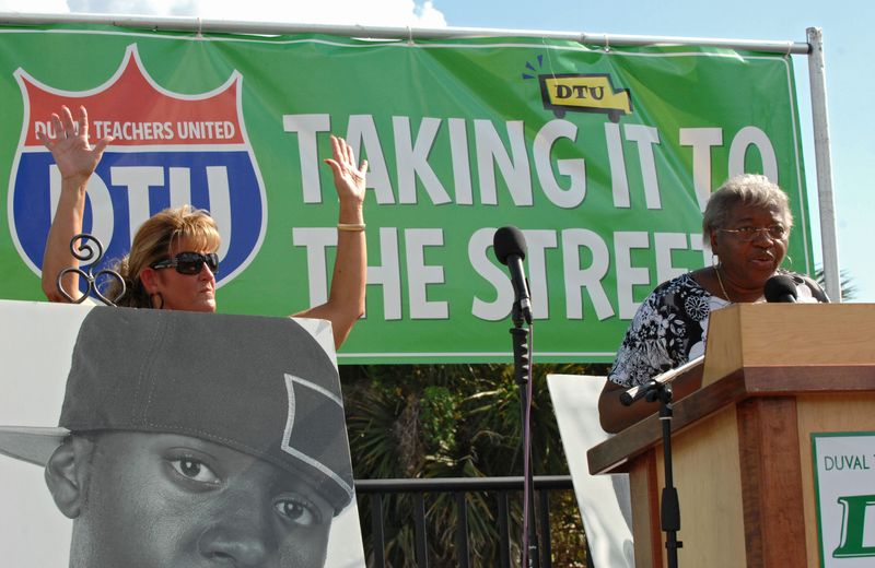 Terrie Brady (left) and Ruby George led a rally of Duval Teachers United members and supporters outside the Duval County School Board's headquarters in this 2010 photo.