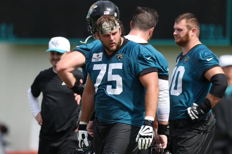 Jul 25, 2024; Jacksonville, FL, USA; Jacksonville Jaguars offensive tackle Cooper Hodges (75) participates in training camp at Miller Electric Center Mandatory Credit: Nathan Ray Seebeck-USA TODAY Sports
