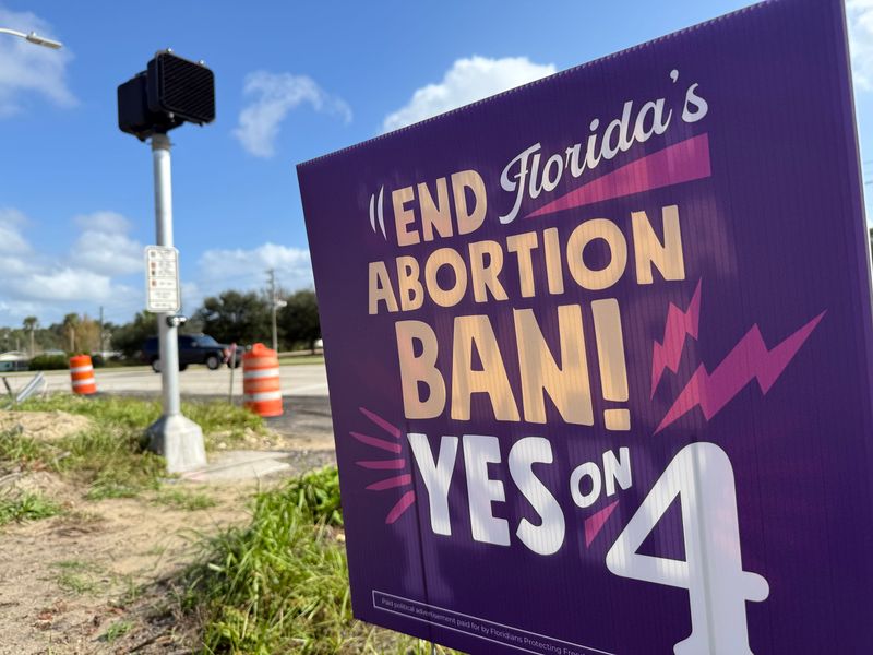 Sign promoting an abortion access amendment in Florida is seen on a city street in Orange City, Florida Tuesday, Nov. 5, 2024.