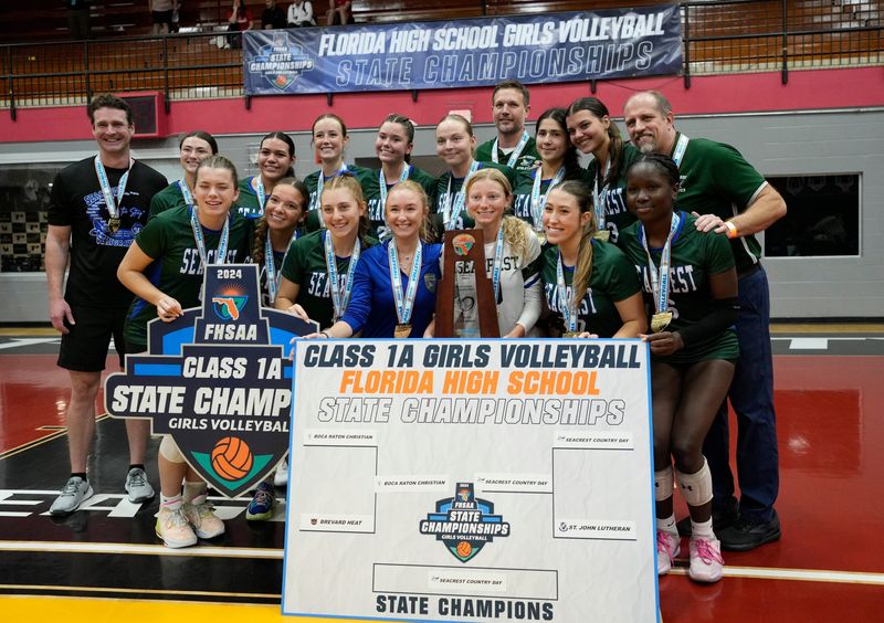 The Seacrest Country Day Stingrays compete against the Boca Raton Christian Blazers in the Class 1A state championship game at Polk State College's Winter Haven Health Center in Winter Haven on Wednesday, Nov. 6, 2024. Seacrest won 3-1 to claim their fourth state championship in a row.