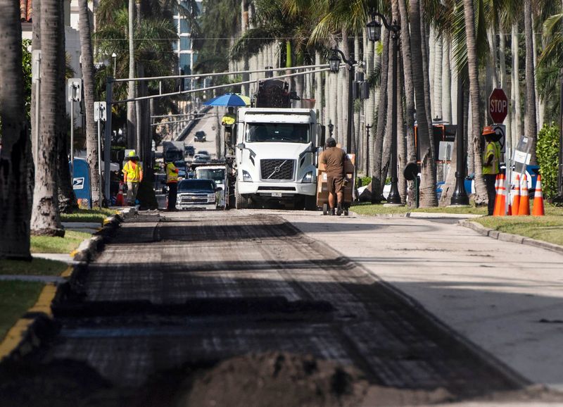The eastbound 100 block of Royal Palm Way is closed for milling and paving in November 2024 as part of the town-wide undergrounding project in Palm Beach.