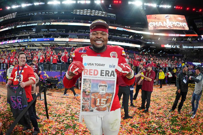 Kansas City Chiefs offensive tackle Jawaan Taylor (74) poses for a photo after winning Super Bowl LVIII against the San Francisco 49ers at Allegiant Stadium. Mandatory Credit: Kirby Lee-USA TODAY Sports