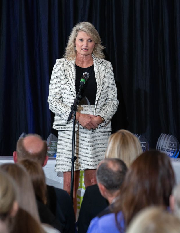 Escambia County Clerk and Comptroller Pam Childers receives a Government Transparency Award during the CivicCon Awards ceremony at the SCI Building in downtown Pensacola on Monday, Dec. 2, 2024.