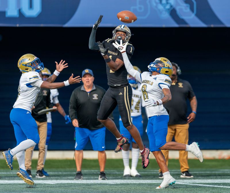 West Boca's Mark Hanniford, center, catches a touchdown pass between Osceola's Robert Lee, left, and Ja'Mario Bradford, right, during their state 6A Football Championship game at Florida International University on December 13, 2024, in Miami, Florida.