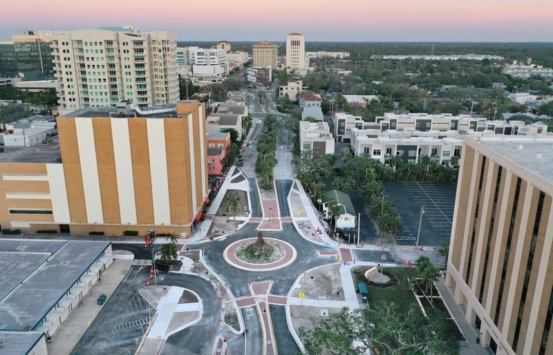 An aerial view of Sarasota's recently installed roundabout at the intersection of Ringling Boulevard and Pine Place.