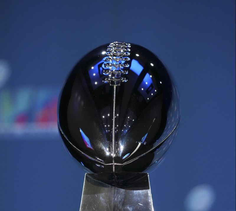 Feb 13, 2023; Phoenix, AZ, USA; A Vince Lombardi Trophy at the Super Bowl 57 Winning Team Head Coach and MVP press conference at the Phoenix Convention Center. Mandatory Credit: Kirby Lee-USA TODAY Sports