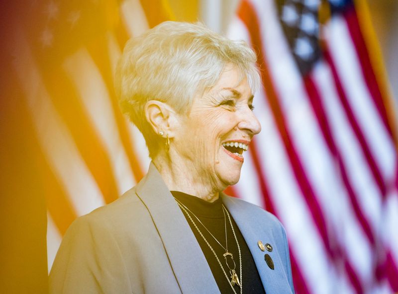 Property Appraiser Vickie Downs laughs during a constitutional officers swearing in ceremony at the Collier County Courthouse in Naples, Fla., on Tuesday, Jan. 7, 2025.