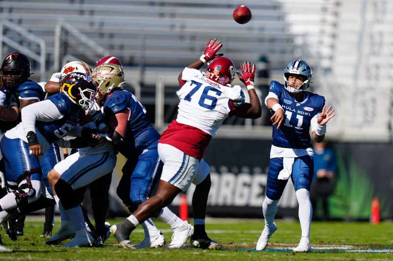 Jan 14, 2023; Orlando, FL, USA; Team Aina quarterback Adrian Martinez (11) of the Kansas State Wildcats throws a pass against Team Kai during the second quarter in the 2023 Hula Bowl at UCF FBC Mortgage Stadium. Mandatory Credit: Rich Storry-USA TODAY Sports