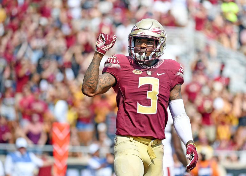 Sep 23, 2017; Tallahassee, FL, USA; Florida State Seminoles cornerback Derwin James (3) reacts during the second half against North Carolina State Wolfpack at Doak Campbell Stadium. Mandatory Credit: 
Melina Vastola-USA TODAY Sports