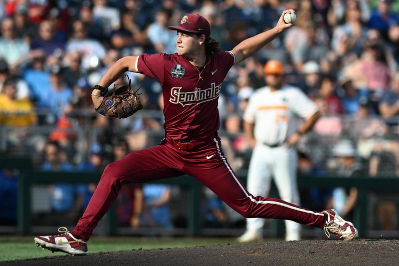 Jun 14, 2024; Omaha, NE, USA; Florida State Seminoles starting pitcher Jamie Arnold (16) throw against the Tennessee Volunteers during the first inning at Charles Schwab Filed Omaha. Mandatory Credit: 
Steven Branscombe-USA TODAY Sports