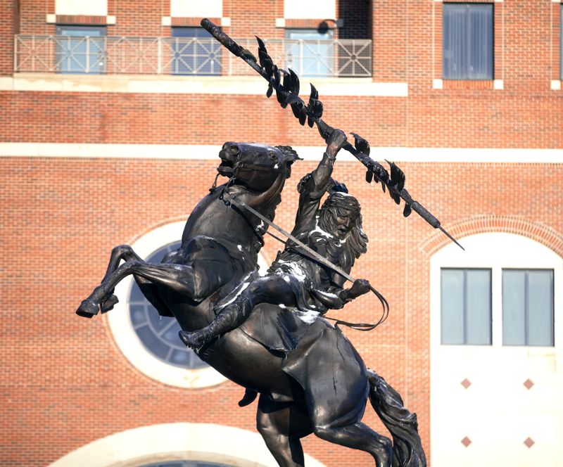 Roughly two inches of overnight snow and ice blanketed Florida State University's Doak Campbell Stadium alongside the Unconquered, Bobby Bowden and Sportsmanship statutes on Wednesday, Jan. 22, 2025