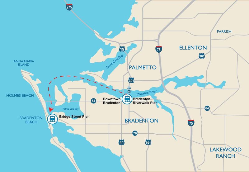 A map of the current Gulf Islands Ferry service route between Bradenton and Bradenton Beach.