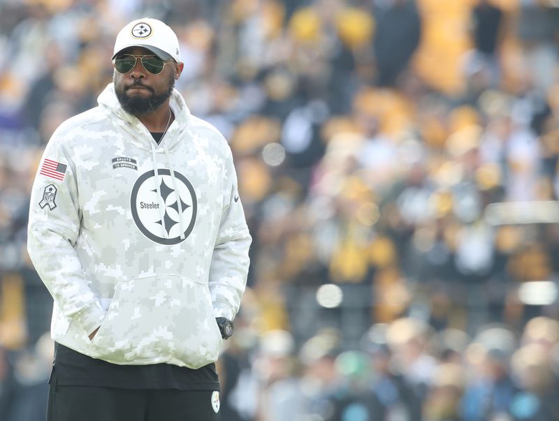 Nov 17, 2024; Pittsburgh, Pennsylvania, USA; Pittsburgh Steelers head coach Mike Tomlin observes warm ups before the game against the Baltimore Ravens at Acrisure Stadium. Mandatory Credit: Charles LeClaire-Imagn Images