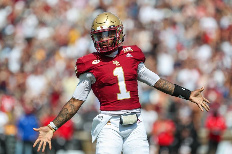 Sep 2, 2023; Chestnut Hill, Massachusetts, USA; Boston College Eagles quarterback Thomas Castellanos (1) celebrates after a touchdown during the second half against the Northern Illinois Huskies at Alumni Stadium. Mandatory Credit:
Paul Rutherford-USA TODAY Sports