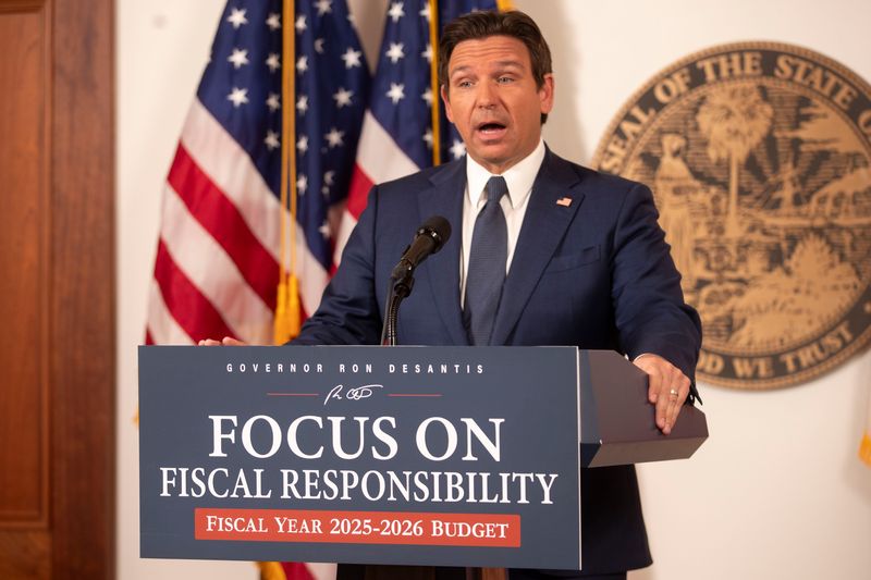 Gov. Ron DeSantis holds a press conference at the Florida Capitol to discuss the budget Monday, Feb. 3, 2025.
