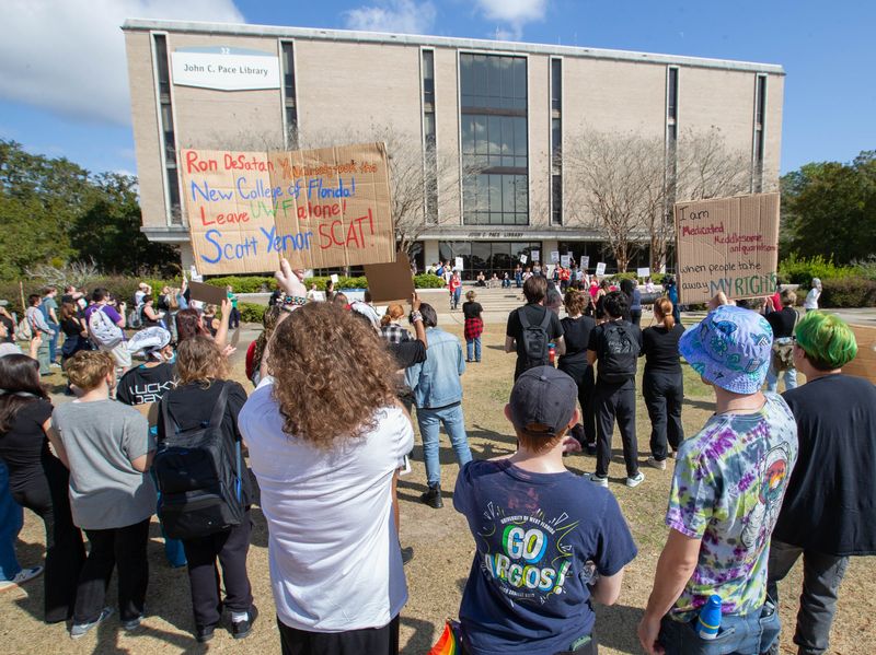 Students, alumni, and community members protest appointments to the Board of Trustees by Gov. DeSantis and the Florida Board of Governors at the University of West Florida in Pensacola on Tuesday, Feb. 4, 2025.