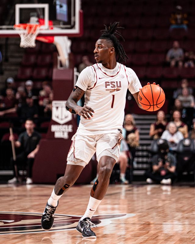 Jamir Watkins looks for an open teammate while the ball is in his hands. Florida State men's basketball beat Notre Dame 67-60 on Tuesday, Feb.4, 2025.