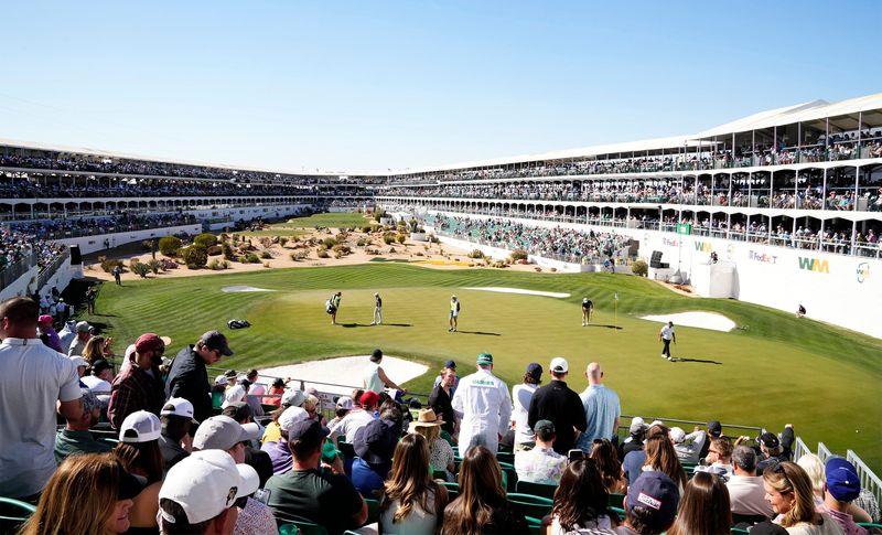 Action at the 16th hole during the first round at the 2025 WM Phoenix Open at TPC Scottsdale.
