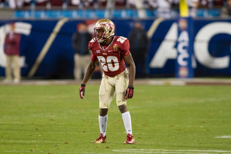 Dec 7, 2013; Charlotte, NC, USA; Florida State Seminoles defensive back Lamarcus Joyner (20) lines up against the Duke Blue Devils during the fourth quarter at Bank of America Stadium. FSU defeated Duke 45-7. Mandatory Credit: Jeremy Brevard-USA TODAY Sports