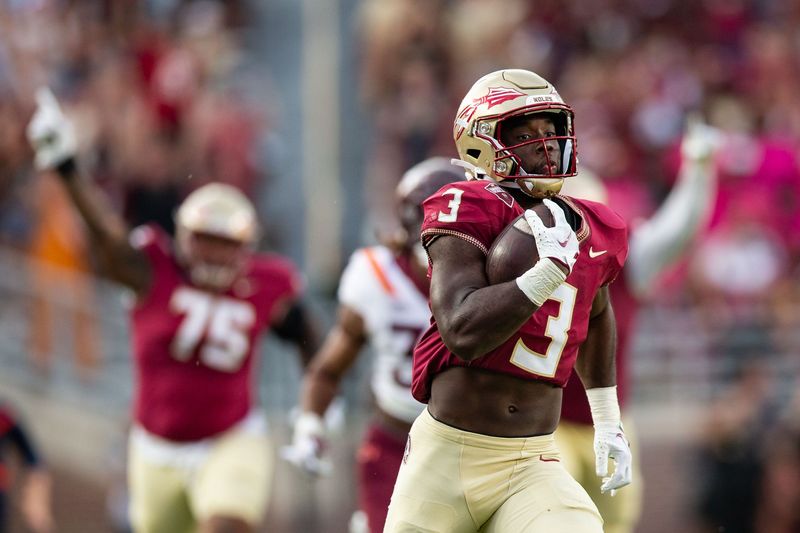 Florida State Seminoles running back Trey Benson (3) runs the ball in for a touchdown. The Florida State Seminoles defeated the Virginia Tech Hokies 39-17 at Doak Campbell Stadium on Saturday, Oct. 7, 2023.
© Alicia Devine/Tallahassee Democrat / USA TODAY NETWORK