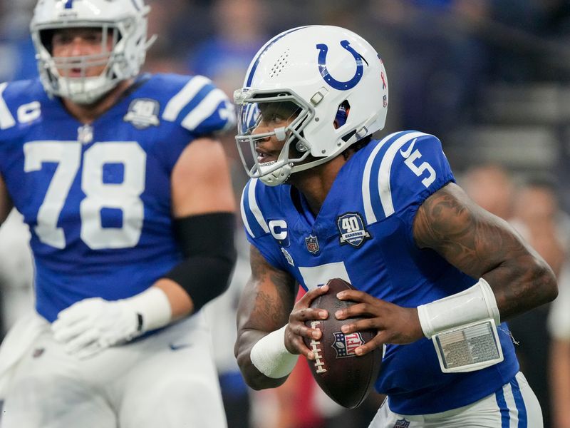 Sep 10, 2023; Indianapolis, Indiana, USA; Indianapolis Colts quarterback Anthony Richardson (5) looks downfield in the first quarter against the Jacksonville Jaguars at Lucas Oil Stadium. Mandatory Credit: Jenna Watson-USA TODAY Sports
