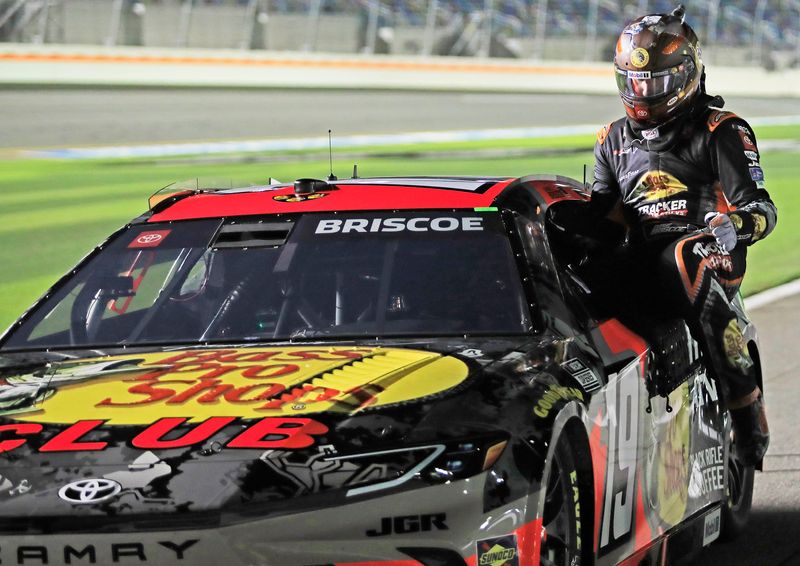 Chase Briscoe car No.19 of Bass Pro Shops Toyota takes the top spot during the NASCAR Cup Series on Wednesday, Feb.12, 2025 at Daytona International Speedway.