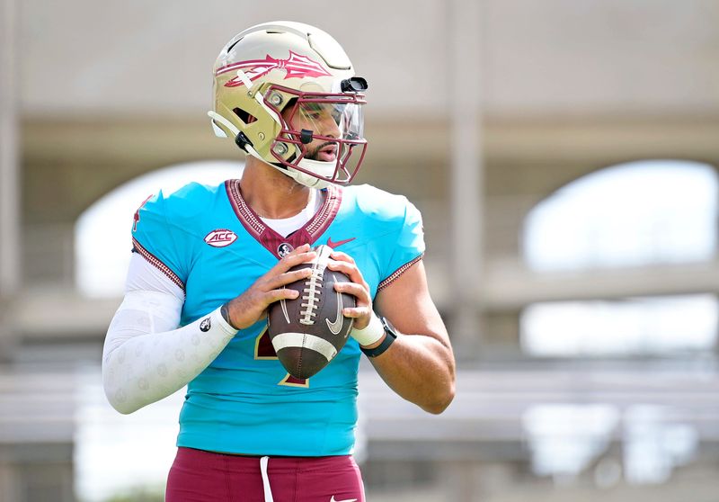 Apr 20, 2024; Tallahassee, Florida, USA; Florida State Seminoles quarterback DJ Uiagalelei (4) during the Spring Showcase at Doak S. Campbell Stadium. Mandatory Credit: 
Melina Myers-USA TODAY Sports