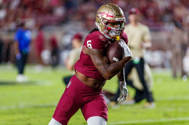 Nov 18, 2023; Tallahassee, Florida, USA; Florida State Seminoles tight end Jaheim Bell (6) during the warm ups before the game against the North Alabama Lions at Doak S. Campbell Stadium. Mandatory Credit: 
Morgan Tencza-USA TODAY Sports