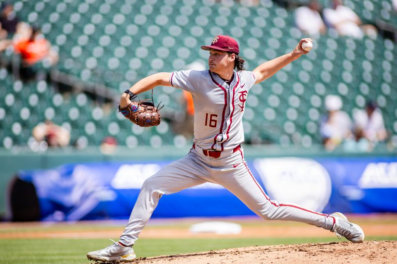 May 24, 2024; Charlotte, NC, USA; Florida State Seminoles pitcher Jamie Arnold (16) in the third inning against the Virginia Cavaliers during the ACC Baseball Tournament at Truist Field. Mandatory Credit: 
Scott Kinser-USA TODAY Sports