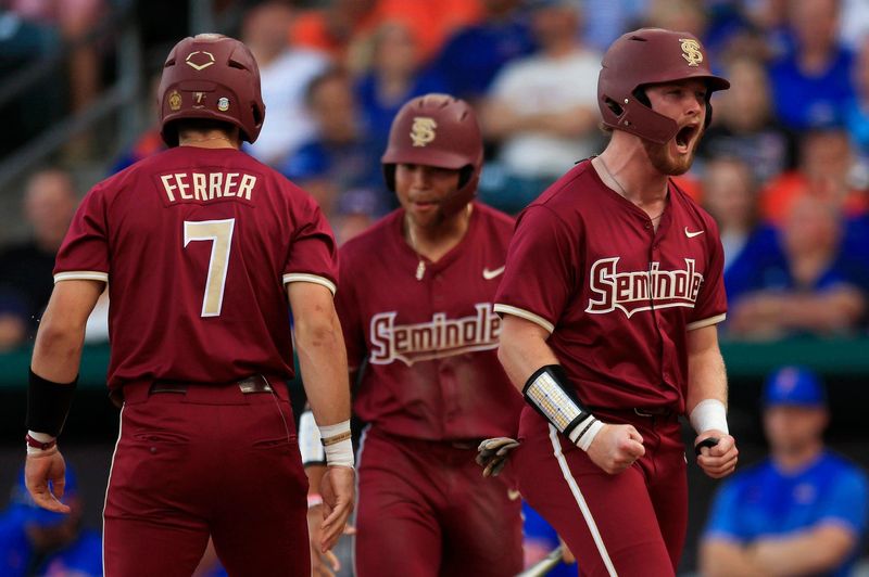 Florida State outfielder James Tibbs III (22) gets fired up after a score during the first inning of an NCAA baseball matchup at 121 Financial Ballpark in Jacksonville, Fla. Florida State defeated Florida 14-3.
© Corey Perrine/Florida Times-Union / USA TODAY NETWORK