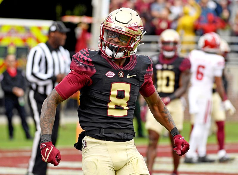 Nov 19, 2022; Tallahassee, Florida, USA; Florida State University wide receiver defensive back Renardo Green (8) reacts during the second half against the Louisiana Ragin' Cajuns at Doak S. Campbell Stadium. Mandatory Credit:
 Melina Myers-USA TODAY Sports