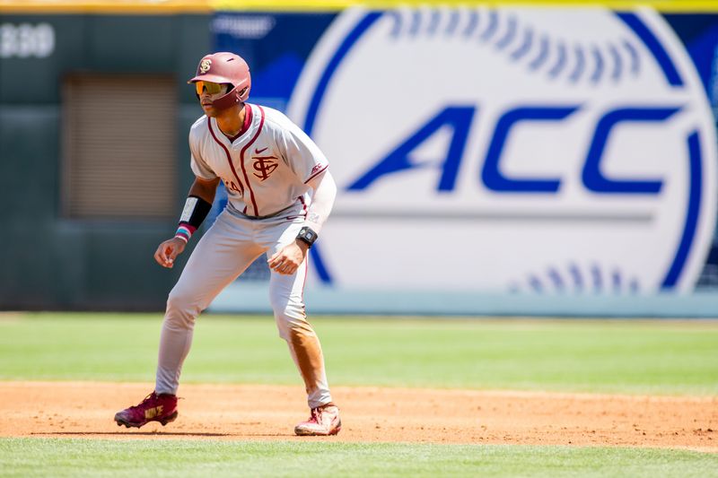 May 24, 2024; Charlotte, NC, USA; Florida State Seminoles infielder Cam Smith (24) leads off in the fourth inning against the Virginia Cavaliers during the ACC Baseball Tournament at Truist Field. Mandatory Credit: Scott Kinser-USA TODAY Sports
