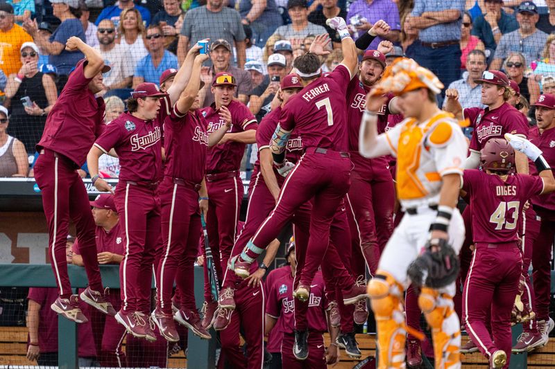Jun 14, 2024; Omaha, NE, USA; Florida State Seminoles left fielder Jaime Ferrer (7) celebrates with his team after hitting a 2 RBI home run against the Tennessee Volunteers during the fourth inning at Charles Schwab Filed Omaha. Mandatory Credit: Dylan Widger-USA TODAY Sports