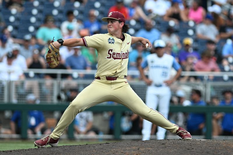Jun 18, 2024; Omaha, NE, USA; Florida State Seminoles pitcher Connor Hults (15) throws against the North Carolina Tar Heels during the sixth inning at Charles Schwab Field Omaha. Mandatory Credit: Steven Branscombe-USA TODAY Sports
