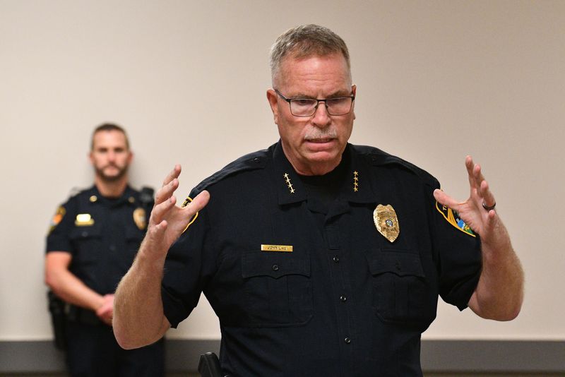 Titusville Police Chief John Lau is pictured during a February 2025 meeting of the North Brevard Branch of the NAACP, where he spoke about the shooting death of Tri-Marea Charles.