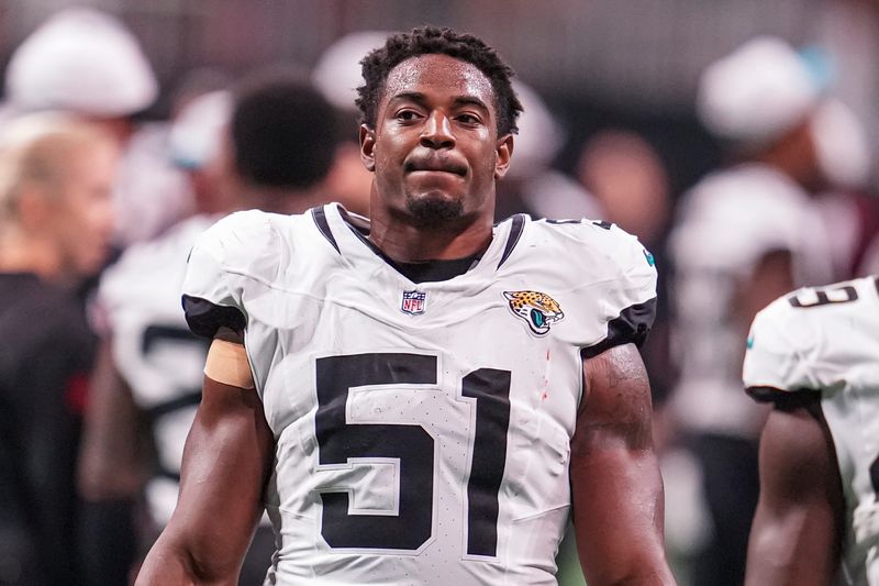 Aug 23, 2024; Atlanta, Georgia, USA; Jacksonville Jaguars linebacker Ventrell Miller (51) shown on the field against the Atlanta Falcons at Mercedes-Benz Stadium. Mandatory Credit: Dale Zanine-USA TODAY Sports
