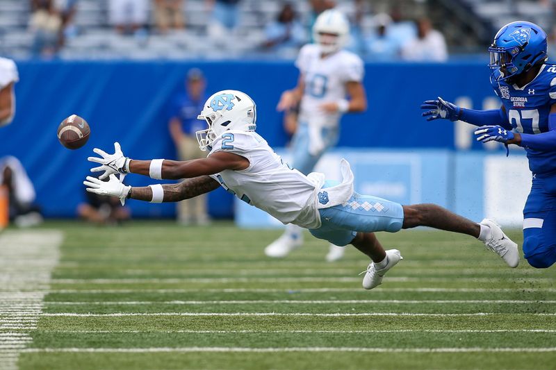 Sep 10, 2022; Atlanta, Georgia, USA; North Carolina Tar Heels wide receiver Gavin Blackwell (2) reaches for a pass against the Georgia State Panthers in the first half at Center Parc Stadium. Mandatory Credit: Brett Davis-USA TODAY Sports