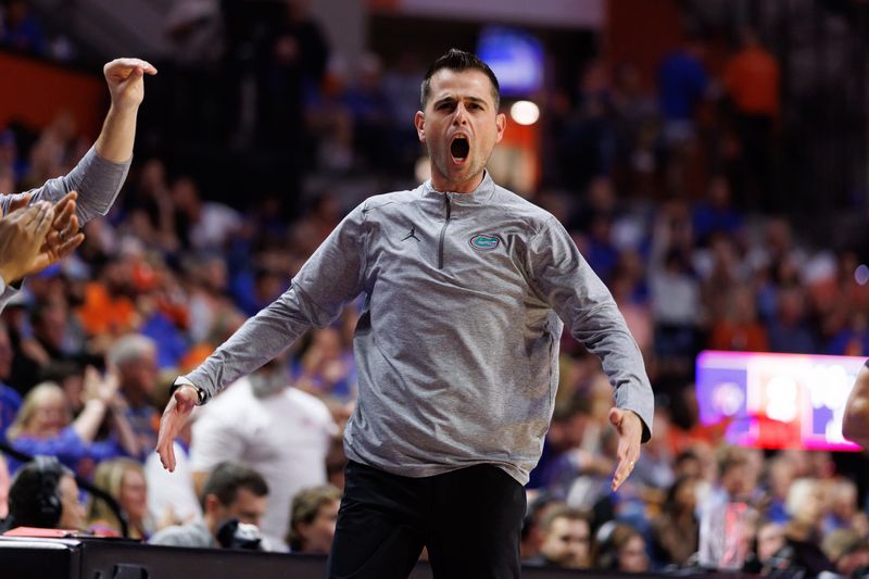 Feb 15, 2025; Gainesville, Florida, USA; Florida Gators head coach Todd Golden reacts after a three-point basket against the South Carolina Gamecocks during the first half at Exactech Arena at the Stephen C. O'Connell Center. Mandatory Credit: Matt Pendleton-Imagn Images