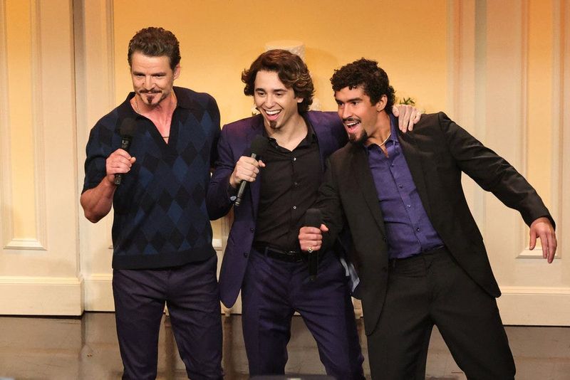 Pedro Pascal, Marcello Hernandez and Bad Bunny during the “Domingo: Vow Renewal” sketch in the "SNL" 50th anniversary special.