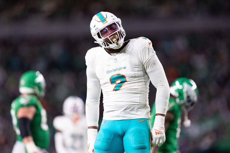 Oct 22, 2023; Philadelphia, Pennsylvania, USA; Miami Dolphins linebacker Bradley Chubb (2) reacts after a defensive stop against the Philadelphia Eagles during the third quarter at Lincoln Financial Field. Mandatory Credit: Bill Streicher-USA TODAY Sports
