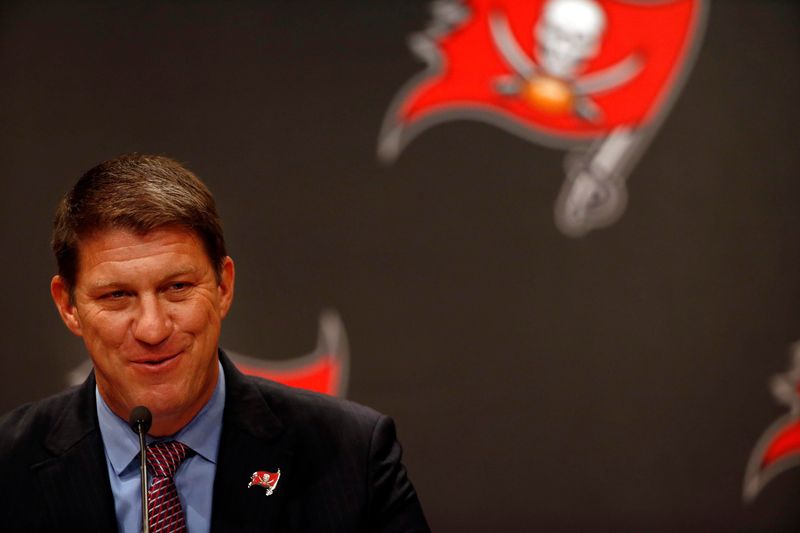 Jan 15, 2016; Tampa Bay, FL, USA; Tampa Bay Buccaneer general manager Jason Licht introduces Dirk Koetter as the new head coach at One Buccaneer Place Auditorium. Mandatory Credit: Kim Klement-USA TODAY Sports