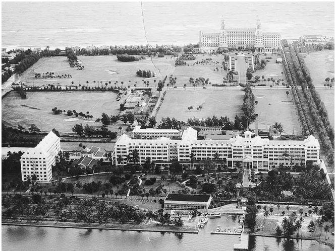 The Palm Beach hotel baseball field is pictured at left between the Royal Poinciana Hotel (foreground) and The Breakers on the ocean. Courtesy Historical Society of Palm Beach County