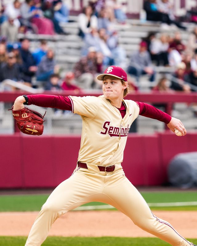 FSU baseball pitcher Wes Mendes throws a pitch against Penn on Sunday, Feb. 23, 2025 at Dick Howser Stadium